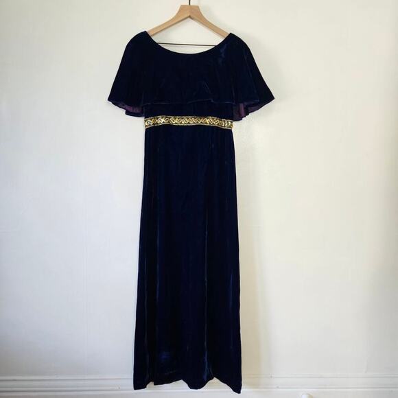 Vintage 60s 70s Blue Velvet Cape‎ Sleeve Maxi Dress Ribbon Back Sz 7 2/4 Costume - Picture 4 of 10